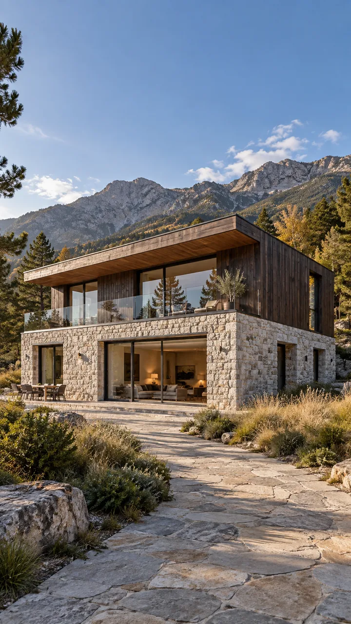 Exterior generado de una casa contemporánea de piedra y cedro entre montañas