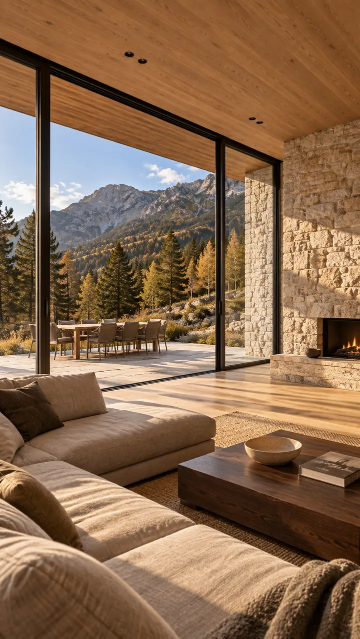 Salón generado con sofá de lino, piedra y grandes ventanales hacia la terraza y los Pirineos